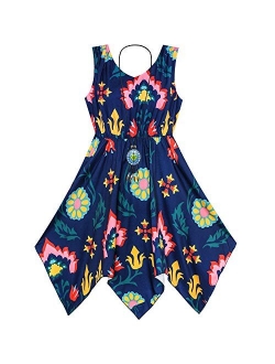 Girls Dress Flower Print Hanky Hem with Necklace