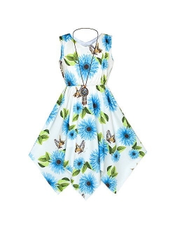 Girls Dress Flower Print Hanky Hem with Necklace