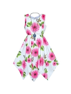 Girls Dress Flower Print Hanky Hem with Necklace