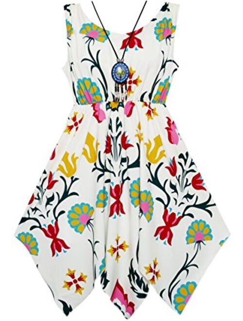 Sunny Fashion Girls Dress Flower Print Hanky Hem with Necklace