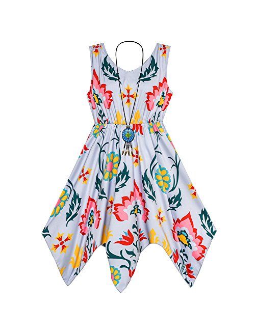 Sunny Fashion Girls Dress Flower Print Hanky Hem with Necklace