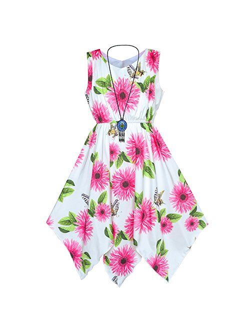 Sunny Fashion Girls Dress Flower Print Hanky Hem with Necklace