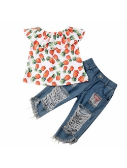 2PCS Toddler Baby Girl Summer Outfit One Shoulder T-Shirt Tops+Frayed Hem Ripped Denim Shorts Clothes Set