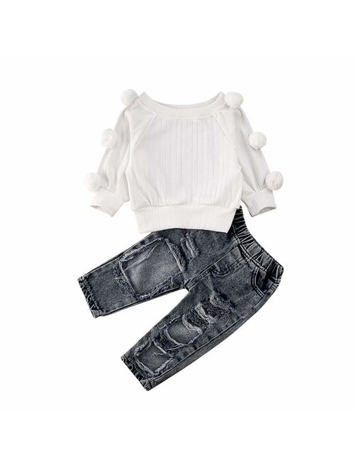 2PCS Toddler Baby Girl Summer Outfit One Shoulder T-Shirt Tops+Frayed Hem Ripped Denim Shorts Clothes Set