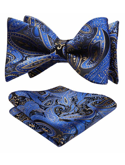 HISDERN Untied Bow Ties Men's Floral Jacquard Wedding Party Self Bowtie Pocket Square Set