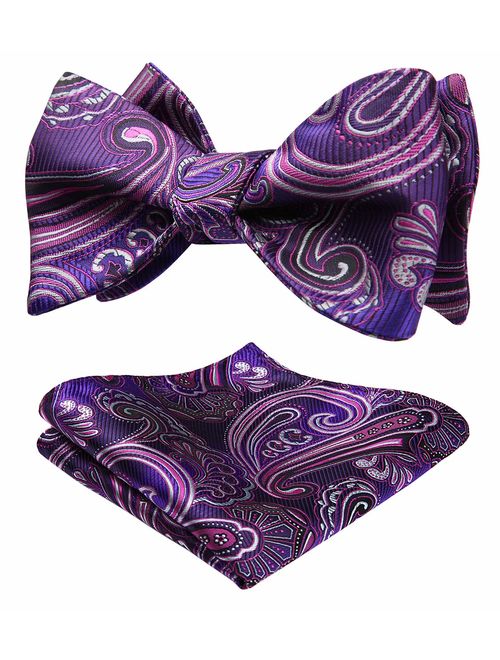 HISDERN Untied Bow Ties Men's Floral Jacquard Wedding Party Self Bowtie Pocket Square Set