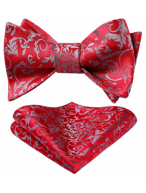 HISDERN Untied Bow Ties Men's Floral Jacquard Wedding Party Self Bowtie Pocket Square Set