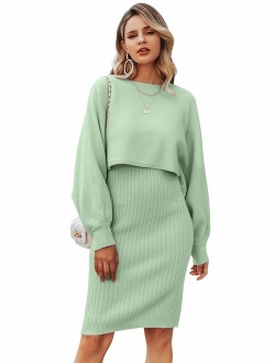 Sollinarry Women's 2 Piece Knit Sweater Dress V Neck Batwing Sleeve Crop Top Bodycon Midi Skirt