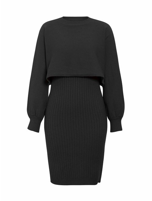 Sollinarry Women's 2 Piece Knit Sweater Dress V Neck Batwing Sleeve Crop Top Bodycon Midi Skirt