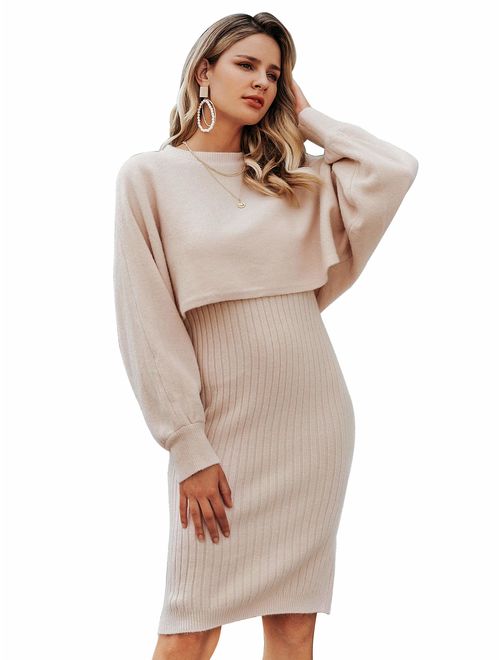 Sollinarry Women's 2 Piece Knit Sweater Dress V Neck Batwing Sleeve Crop Top Bodycon Midi Skirt