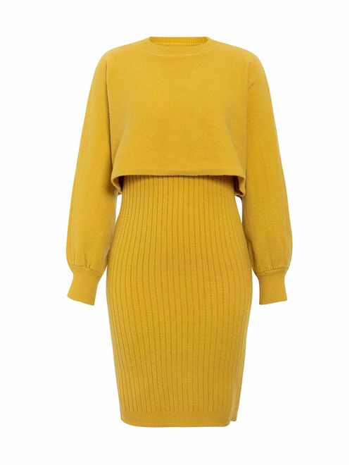 Sollinarry Women's 2 Piece Knit Sweater Dress V Neck Batwing Sleeve Crop Top Bodycon Midi Skirt