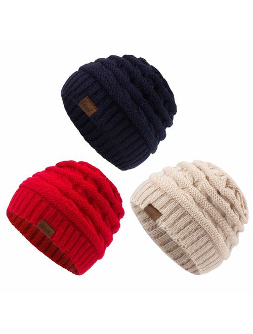 ViGrace Kids Winter Knit Hat Warm Fleece Lined Hats Children Cable Baby Beanie