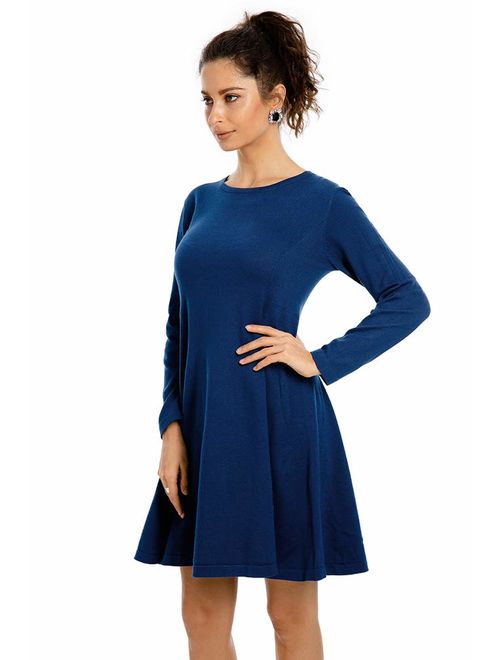 Fleur Wood Women's Casual Loose Knitted Long Sleeve Swing O Neck Sweater Dress Pullover for Women Above The Knee Solid Color