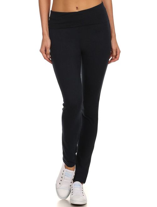 MOPAS Yoga Leggings Capri with Fold Over Solid Waistband