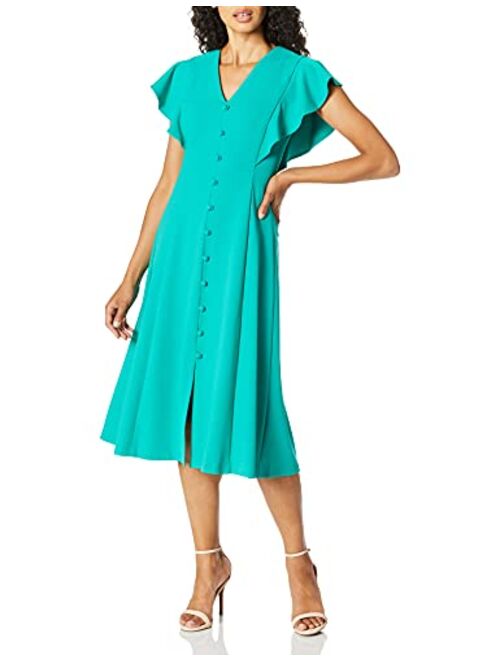 Calvin Klein Women's Flutter Sleeve V-Neck Midi with Button Front Detail Dress