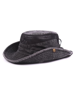 KeepSa Sun Hat for Men, Cotton Embroidery Summer Outdoor Sun Protection Wide Brim Bucket Hat Foldable Safari Boonie Hat