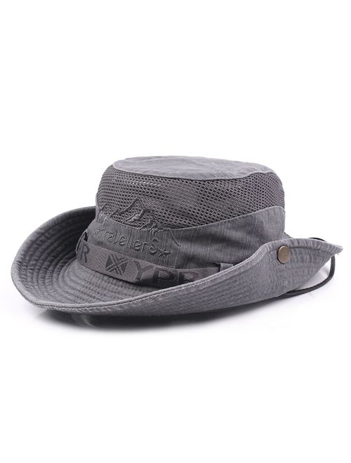 KeepSa Sun Hat for Men, Cotton Embroidery Summer Outdoor Sun Protection Wide Brim Bucket Hat Foldable Safari Boonie Hat