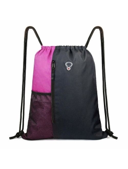 Drawstring Backpack Sports Gym Bag for Women Men Children Large Size with Zipper and Water Bottle Mesh Pockets