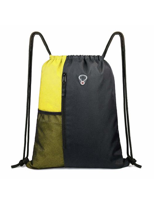 Drawstring Backpack Sports Gym Bag for Women Men Children Large Size with Zipper and Water Bottle Mesh Pockets