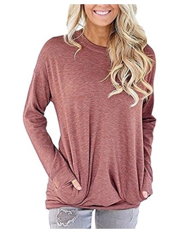 Women Solid Color Round Neck Casual Loose Long Sleeve Sweatshirt T-Shirts Tops Blouse