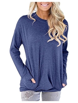 Women Solid Color Round Neck Casual Loose Long Sleeve Sweatshirt T-Shirts Tops Blouse