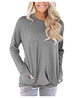 Women Solid Color Round Neck Casual Loose Long Sleeve Sweatshirt T-Shirts Tops Blouse