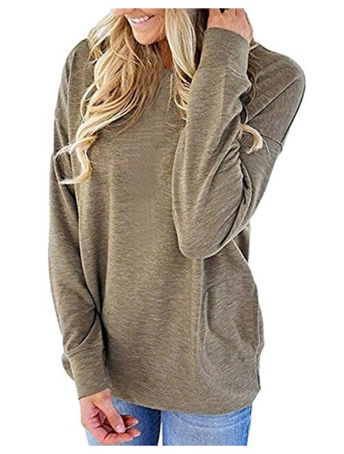 Women Solid Color Round Neck Casual Loose Long Sleeve Sweatshirt T-Shirts Tops Blouse