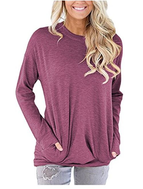 Women Solid Color Round Neck Casual Loose Long Sleeve Sweatshirt T-Shirts Tops Blouse