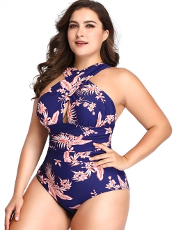 Plus Size Women Ladies Girls One-Piece Swimsuit Swimwear Floral Print Beachwear Deep-V Tummy Control Swimming Costumes Monokinis Backless Front Cross Push Up Bra Padded S