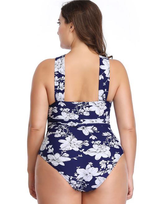 Plus Size Women Ladies Girls One-Piece Swimsuit Swimwear Floral Print Beachwear Deep-V Tummy Control Swimming Costumes Monokinis Backless Front Cross Push Up Bra Padded S