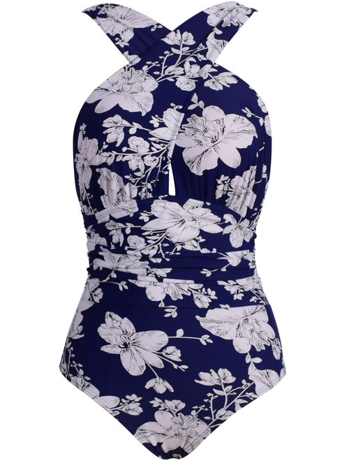 Plus Size Women Ladies Girls One-Piece Swimsuit Swimwear Floral Print Beachwear Deep-V Tummy Control Swimming Costumes Monokinis Backless Front Cross Push Up Bra Padded S