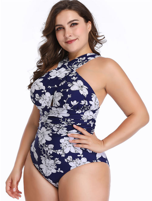 Plus Size Women Ladies Girls One-Piece Swimsuit Swimwear Floral Print Beachwear Deep-V Tummy Control Swimming Costumes Monokinis Backless Front Cross Push Up Bra Padded S