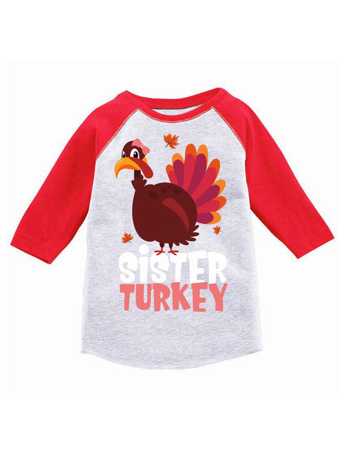 Awkward Styles Thanksgiving T-Shirt Sister Turkey Raglan Shirt Kids