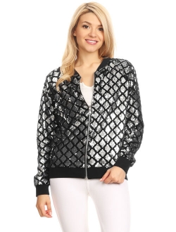 Womens Long Sleeve Sequin Front Zip Jacket Long Sleeve Ribbed Cuffs Outerwear Tops