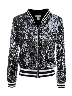 Womens Long Sleeve Sequin Front Zip Jacket Long Sleeve Ribbed Cuffs Outerwear Tops