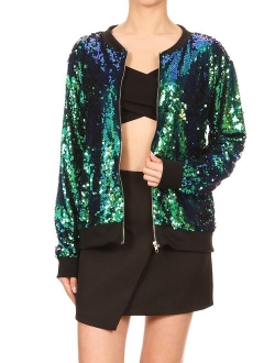 Womens Long Sleeve Sequin Front Zip Jacket Long Sleeve Ribbed Cuffs Outerwear Tops