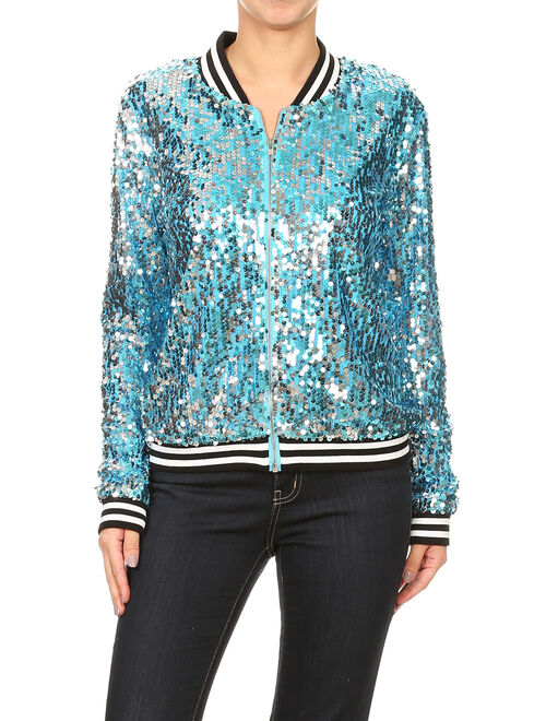 Womens Long Sleeve Sequin Front Zip Jacket Long Sleeve Ribbed Cuffs Outerwear Tops