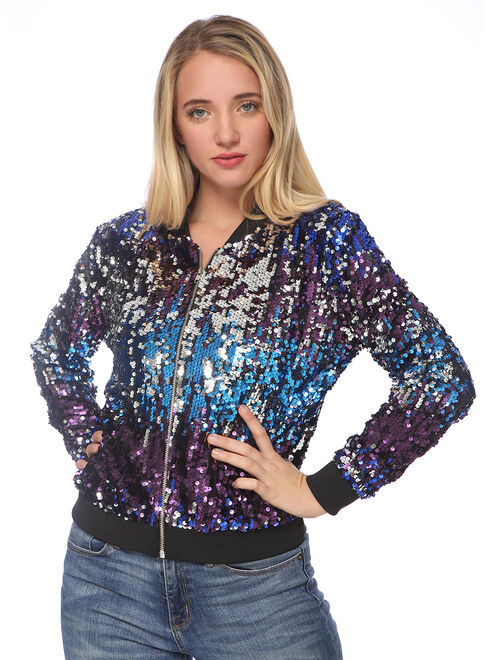 Womens Long Sleeve Sequin Front Zip Jacket Long Sleeve Ribbed Cuffs Outerwear Tops