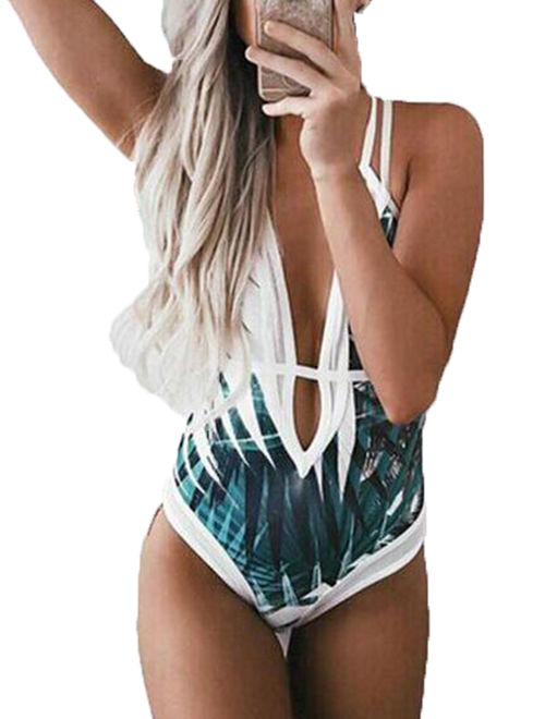 Women Tropical One Piece Monokini Padded Bikini Swimsuit Swimwear Beachwear