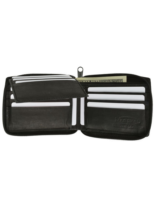 New Mens Bifold Zipper Around Leather Wallet Secure Multi Pockets Black Billfold