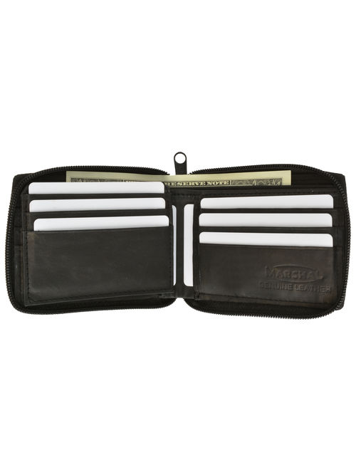 New Mens Bifold Zipper Around Leather Wallet Secure Multi Pockets Black Billfold