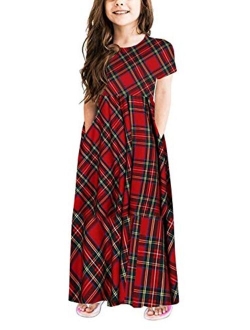 MITILLY Girls Flower 3/4 Sleeve Pleated Casual Swing Long Maxi Dress with Pockets