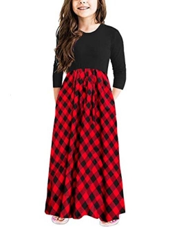 MITILLY Girls Flower 3/4 Sleeve Pleated Casual Swing Long Maxi Dress with Pockets