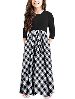 MITILLY Girls Flower 3/4 Sleeve Pleated Casual Swing Long Maxi Dress with Pockets