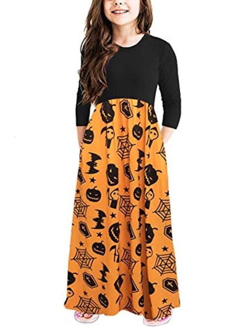 MITILLY Girls Flower 3/4 Sleeve Pleated Casual Swing Long Maxi Dress with Pockets