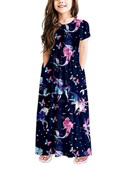 MITILLY Girls Flower 3/4 Sleeve Pleated Casual Swing Long Maxi Dress with Pockets