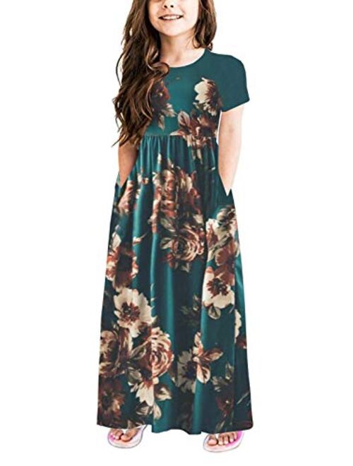 MITILLY Girls Flower 3/4 Sleeve Pleated Casual Swing Long Maxi Dress with Pockets