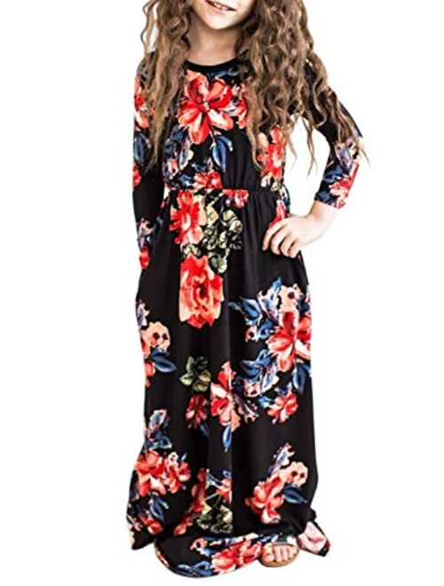 MITILLY Girls Flower 3/4 Sleeve Pleated Casual Swing Long Maxi Dress with Pockets