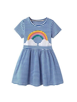 Youlebao Girls Cotton Long Sleeve Casual Cartoon Appliques Striped Jersey Dresses