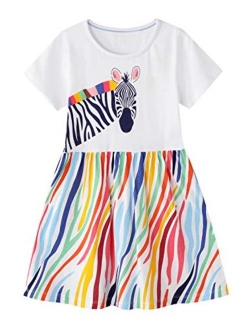 Youlebao Girls Cotton Long Sleeve Casual Cartoon Appliques Striped Jersey Dresses